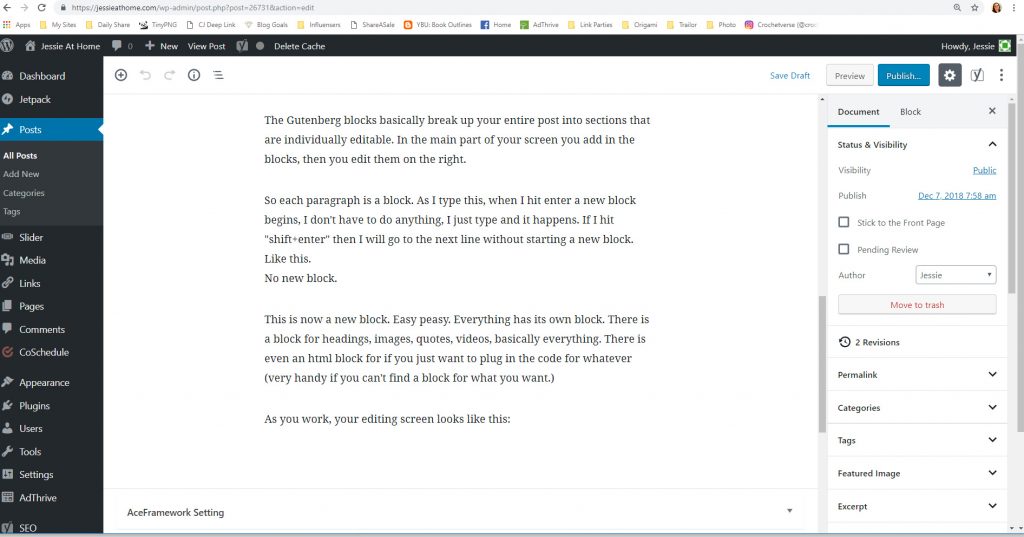editing screen on WordPress Gutenberg