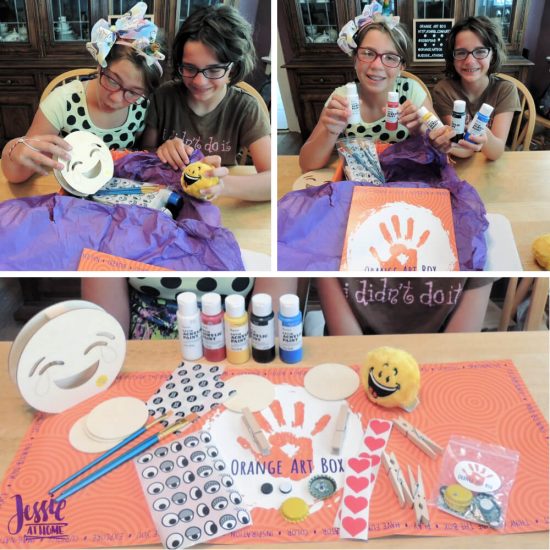 DIY Emoji Crafts For Kids - September Orange Art Box projects from Jessie At Home - opening the box